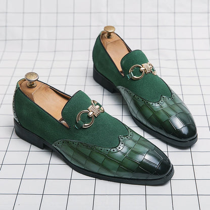 Autumn Green Nubuck Leather Loafers for Men - Slip-On Pointed Toe Casual Shoes with Thick Sole and Luxury Fashion Style