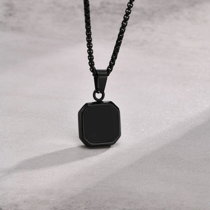 Casual Black Enamel Necklace for Men, Waterproof Stainless Steel Square Pendant, Simple Fashion Collar Jewelry Gift