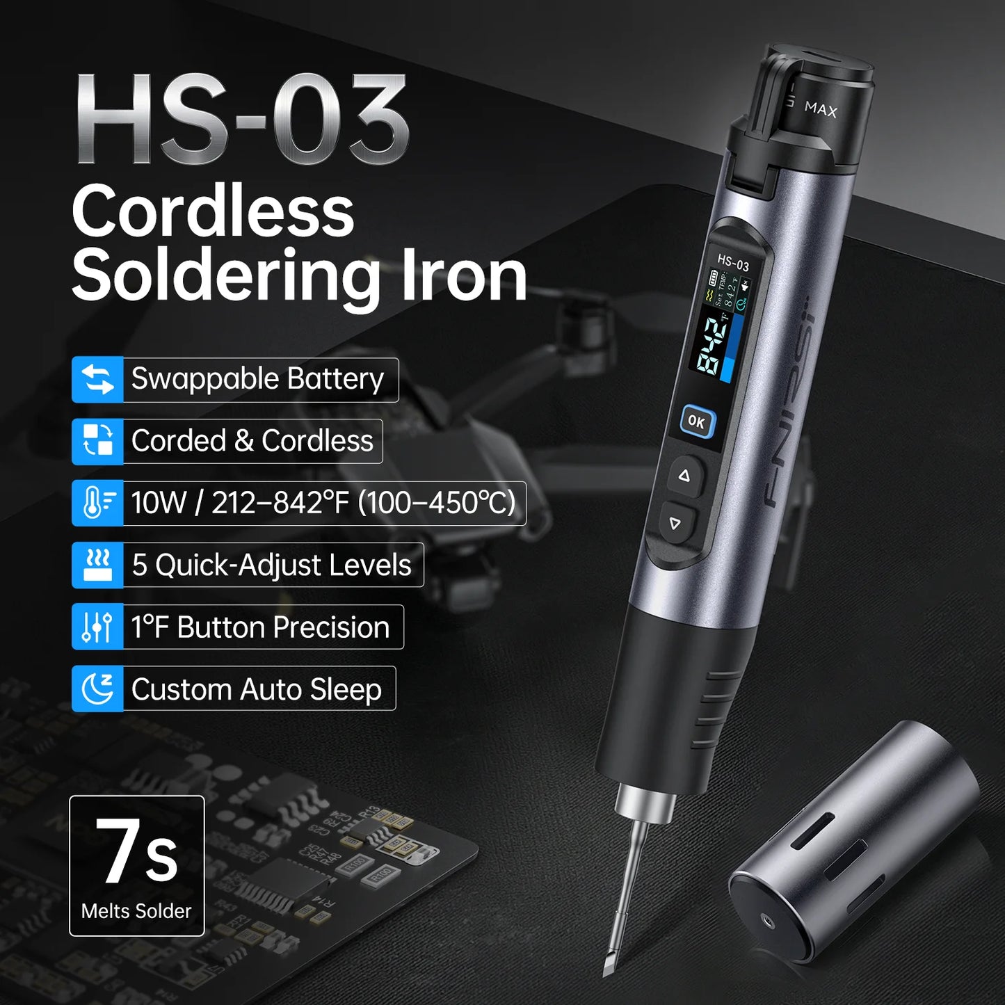 FNIRSI HS-03 Wireless Soldering Iron - Rechargeable 10W Portable Soldering Kit