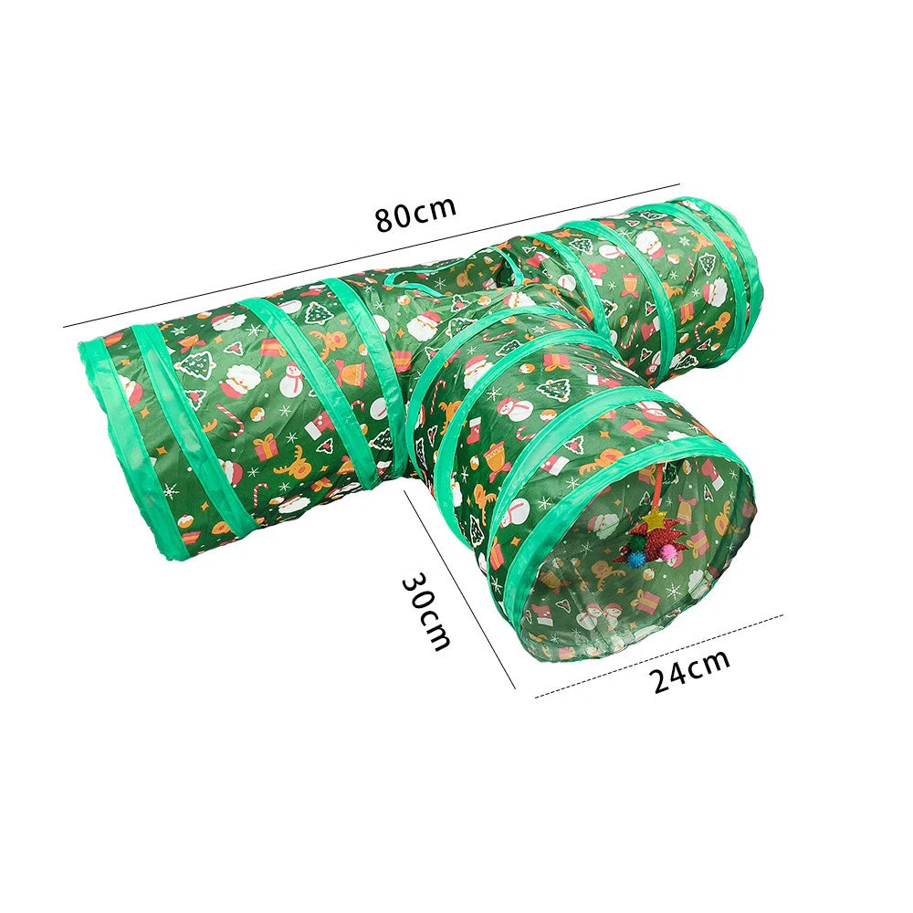 Christmas Cat Tunnel for Indoor Cats – Foldable Green Interactive Pet Play Tunnel for Kittens, Breathable Cat Exercise Toy