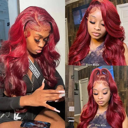 Burgundy 99J Body Wave Wig – 13x4/13x6 HD Lace Front, Pre-Plucked Human Hair Red Colored Wig