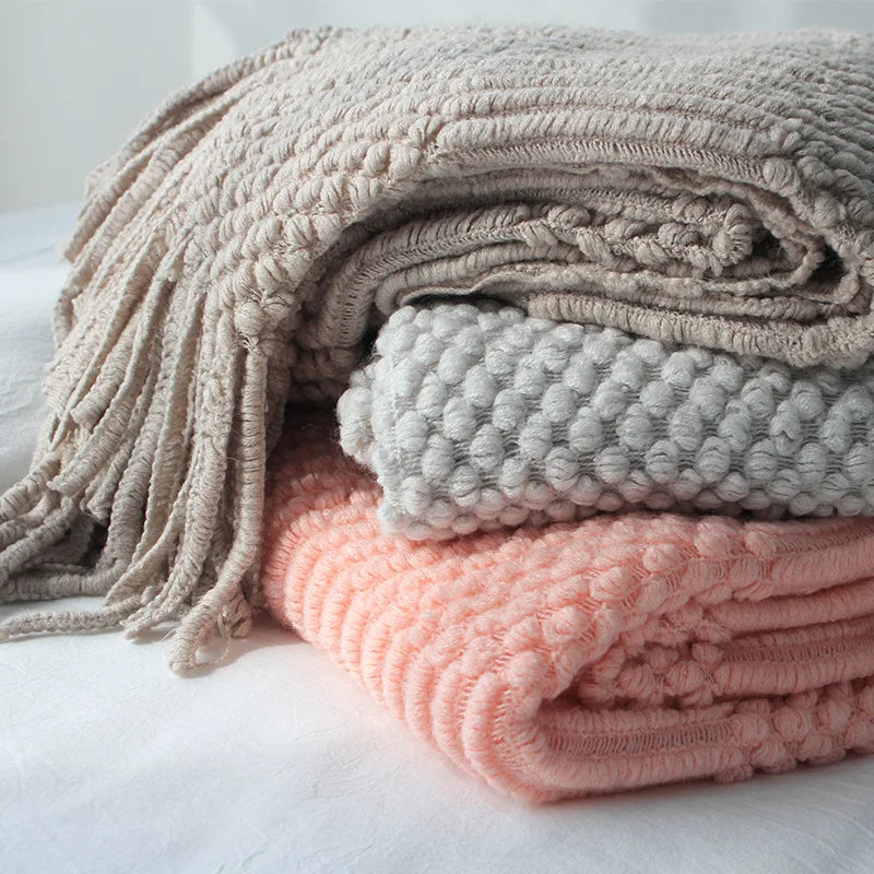 White Boho Throw Blanket – Textured Chunky Knitted Vintage Luxury Bedspread, Sofa Cover Manta Para Sofá
