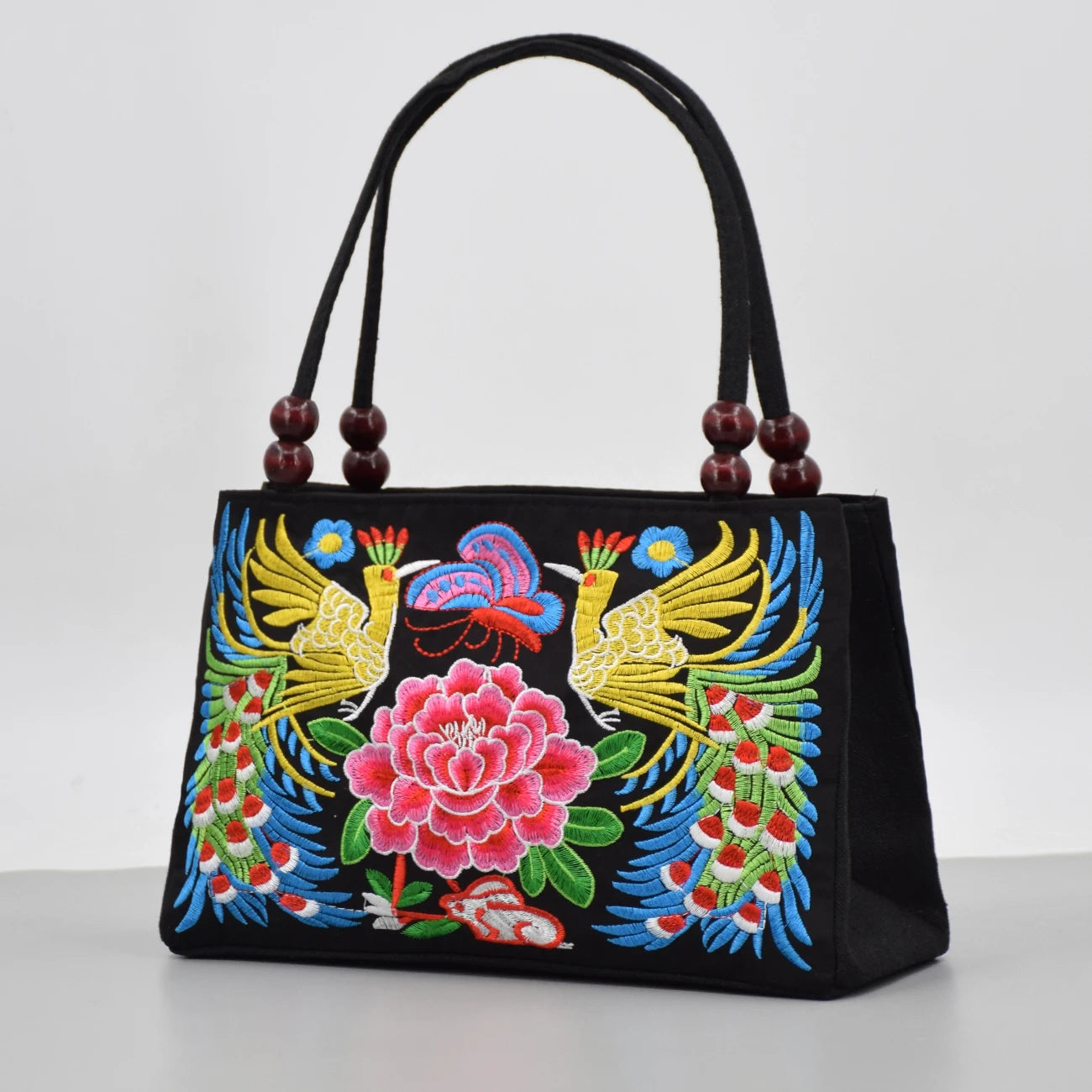 Embroidered Canvas Top Handle Bag for Women - Double Layered with Zippered Compartments, Ideal for Work and Play
