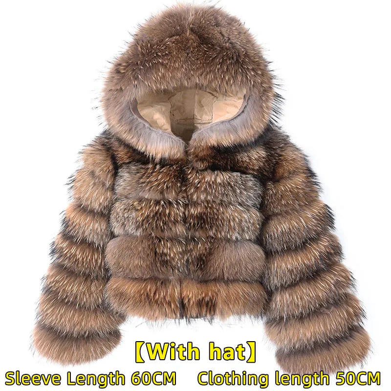 2025 Maomaokong Women’s Real Fur Coat – Natural Raccoon & Fox Fur Jacket with Hood, Warm Winter Outerwear