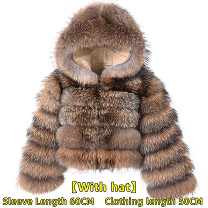 2025 Maomaokong Women’s Real Fur Coat – Natural Raccoon & Fox Fur Jacket with Hood, Warm Winter Outerwear