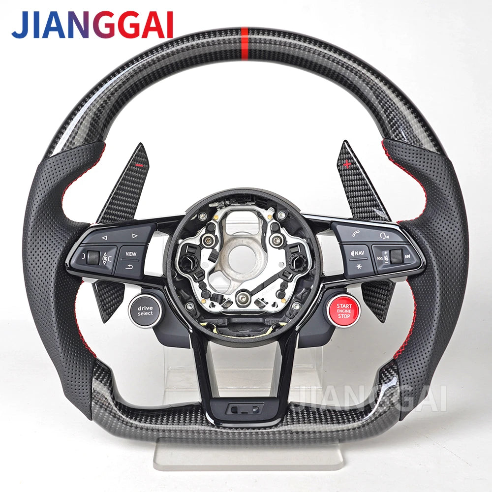 Carbon Fiber Steering Wheel - Sport Racing Wheel with Paddle Shifts, Buttons & Trim for Audi R8 TT TTS 2016-2023