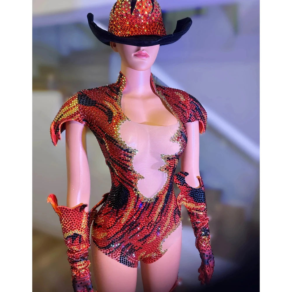 Sparkly Rhinestone Dance Performance Set - Bodysuit, Gloves & Hat Stage Costume