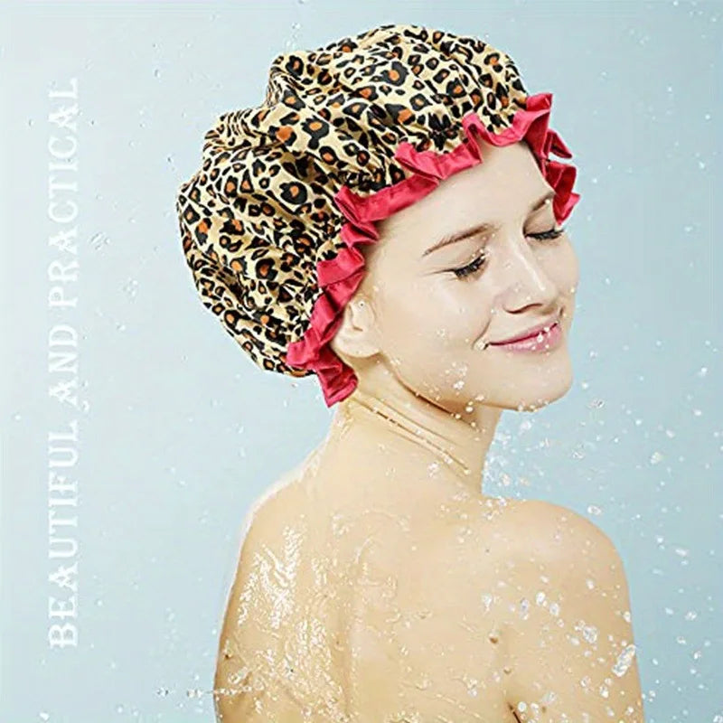 Waterproof Leopard Shower Cap - Double Layer Reusable Hair Cover with Elastic Fit