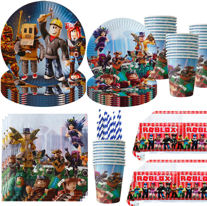 Roblox Birthday Party Supplies — Balloons, Disposable Tableware & Backdrop for Kids’ Party or Baby Shower