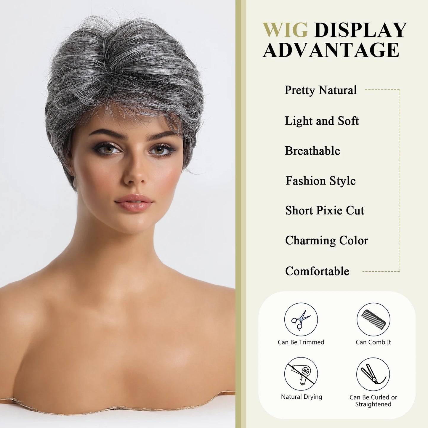 Short Pixie Cut Grey Human Hair Wig – 8 Inch Layered Fashion Wig for Women, Daily Use, Machine Made