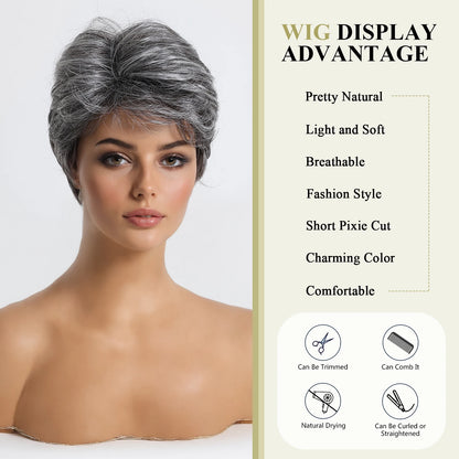 Short Pixie Cut Grey Human Hair Wig – 8 Inch Layered Fashion Wig for Women, Daily Use, Machine Made