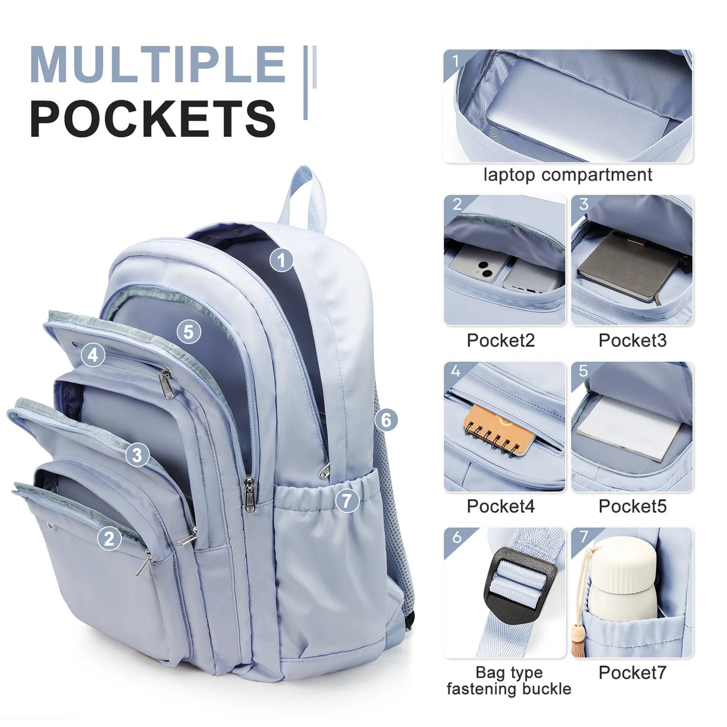 Light Blue Casual Nylon Backpack for Women – Multi-Pocket Durable School, College & Travel Bookbag with Spacious Design