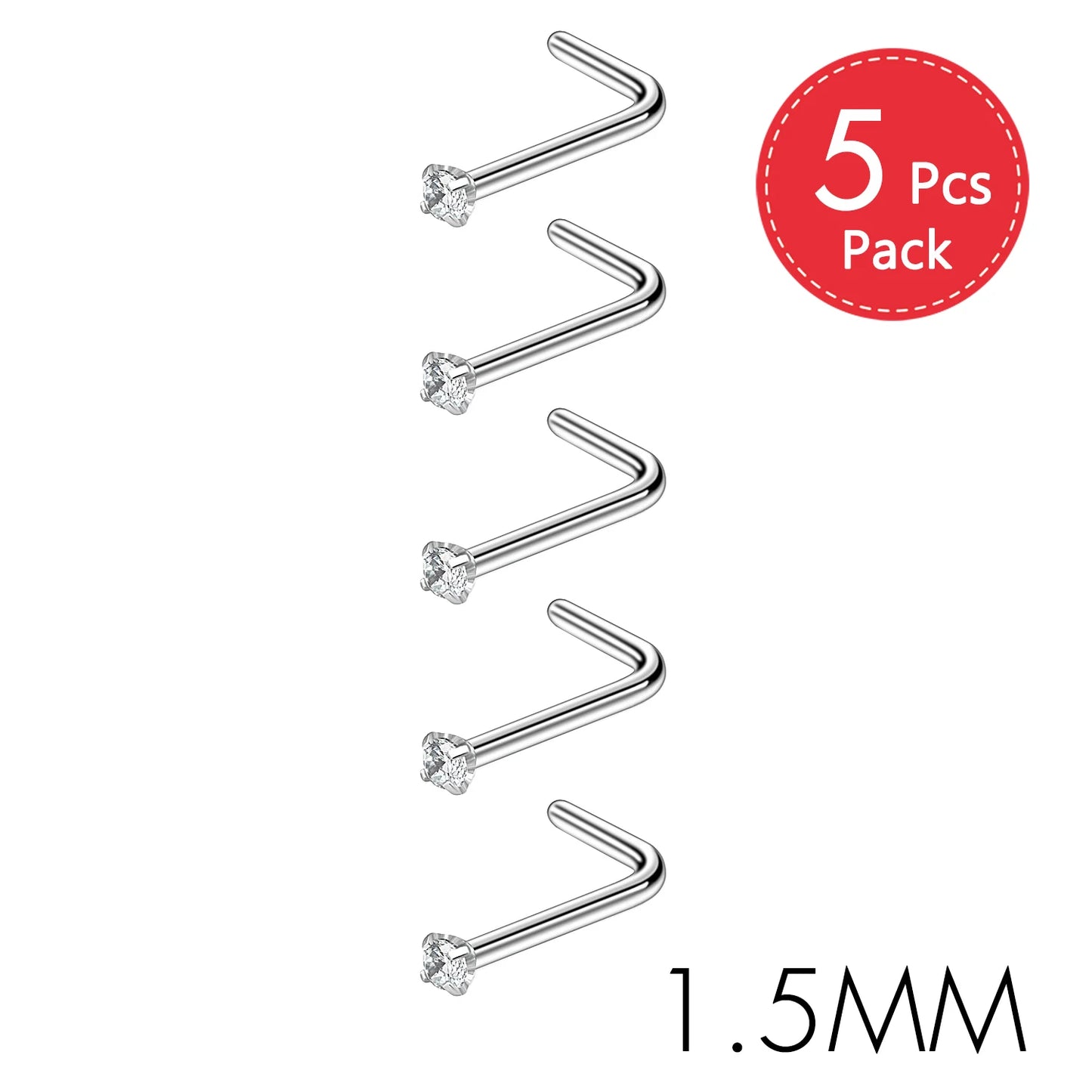 5PCS Stainless Steel Nose Ring Studs — Crystal Nostril Piercing Jewelry for Women & Girls, 1.5/2.0/2.5/3.0mm, 20G