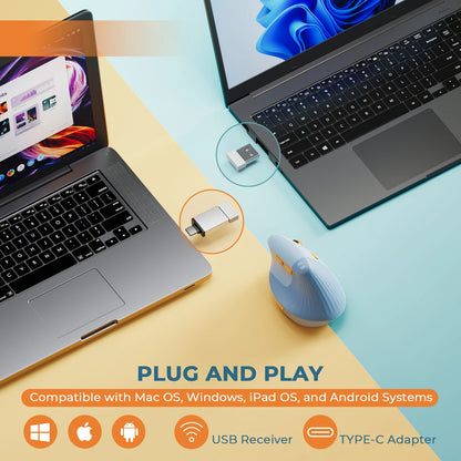 Seenda Vertical Wireless Mouse - Rechargeable Type C Ergonomic USB & Type C Mice for Laptop, PC, MacBook, Windows, Android