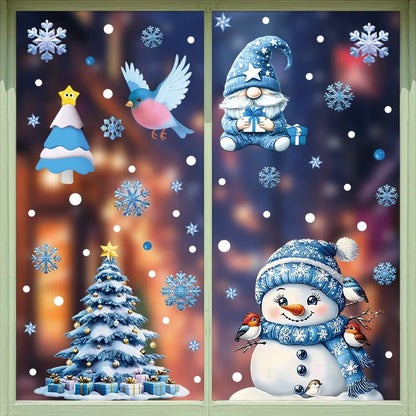 Christmas Blue Snowman Window Stickers – Santa, Snowflake, Bird & Elk Ornaments for Merry Christmas 2025 and Happy New Year 2026