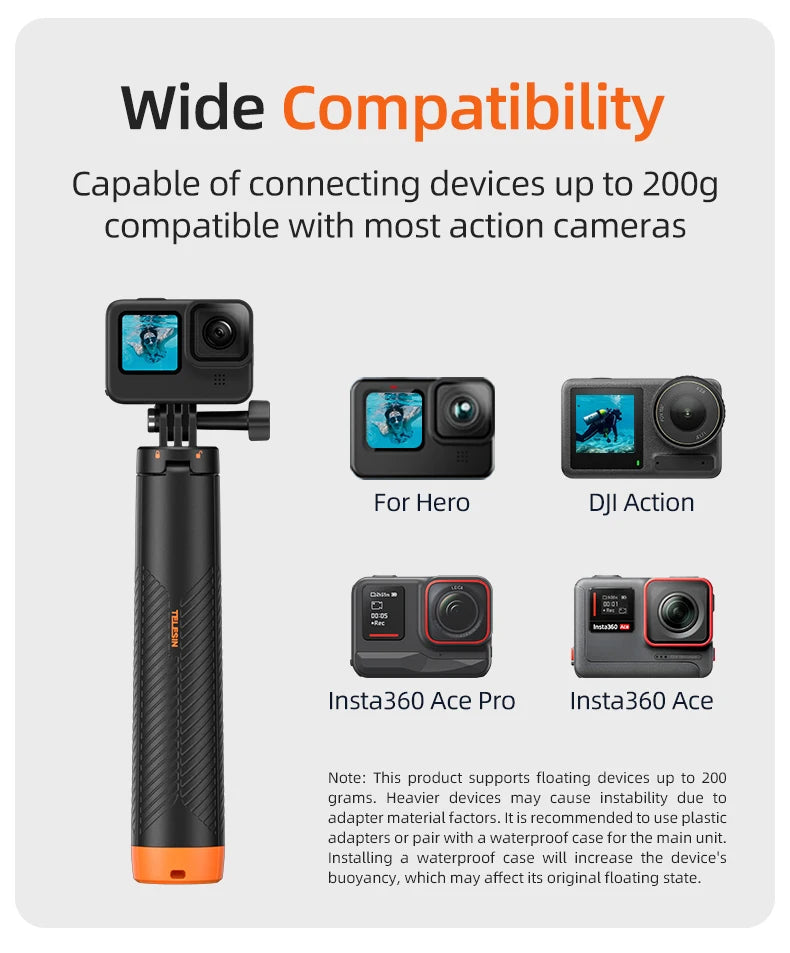 Telesin Underwater Buoyancy Diving Selfie Stick Tripod for GoPro, Insta360, DJI OSMO Action Cameras