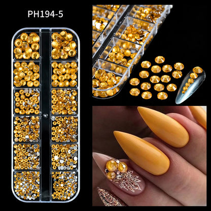 12-Grid Mixed Nail Rhinestones SS6-SS30 – Shiny Flat-Back Gems in Clear, Gold, Pink & Blue for Nail Art Decoration