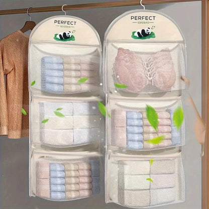3-Tier Hanging Underwear & Socks Organizer - Wall-Mounted Mesh Storage Bag with Visible Pockets