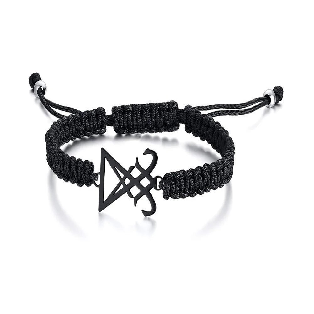 Leviathan Cross Woven Bracelet - Stainless Steel Satanic Style Totem Black Adjustable Knot Wrist Jewelry