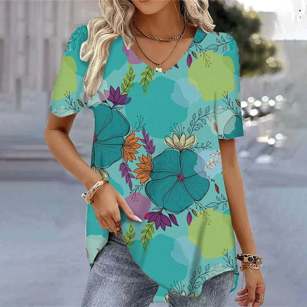 3D Floral Print T-Shirt - Women's Harajuku Casual Loose Fit Summer Crewneck Top