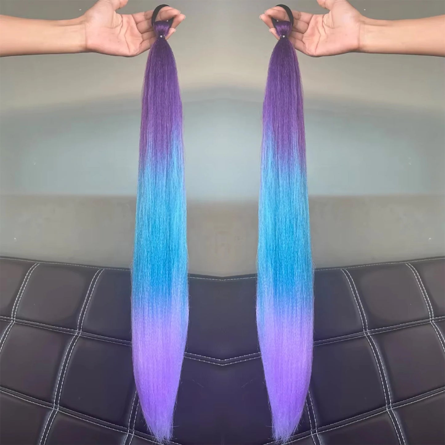 2Pcs Purple Synthetic Ponytail Extensions – Long Straight Hair Accessories with Rubber Bands for Women & Halloween