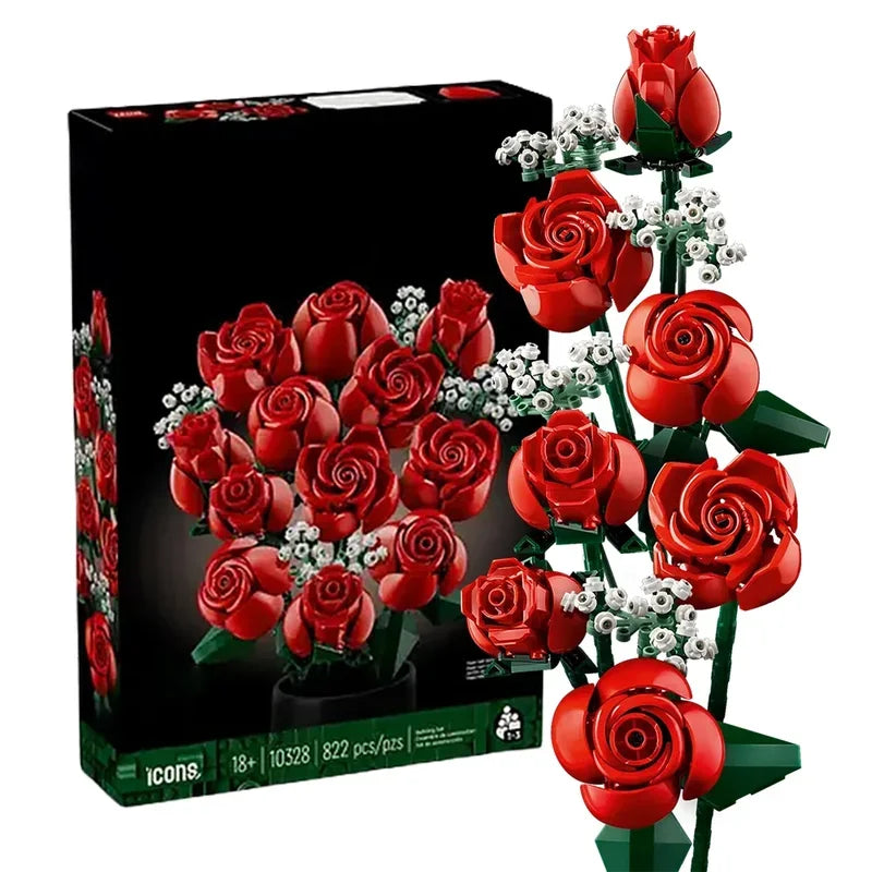 Bouquet of Roses Building Blocks – 10280 Compatible Construction Toy Flowers for Home Decor & Birthday Gift
