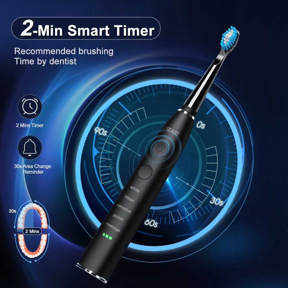Seago SG-575 Sonic Electric Toothbrush – USB Rechargeable Adult Toothbrush with 4 Replacement Heads, Travel Case & 360-Day Battery Life, IPX7 Waterproof