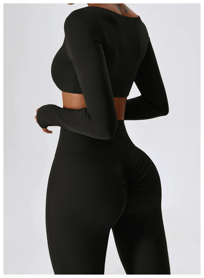 2PCS Seamless Women’s Yoga Set – Long Sleeve Crop Top & Leggings Workout Outfit, Athletic Gym Sportswear