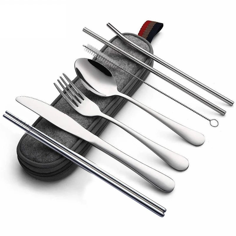 8-Piece Reusable Travel Cutlery Set — Stainless Steel Spoon, Fork, Chopsticks & Straw with Portable Case