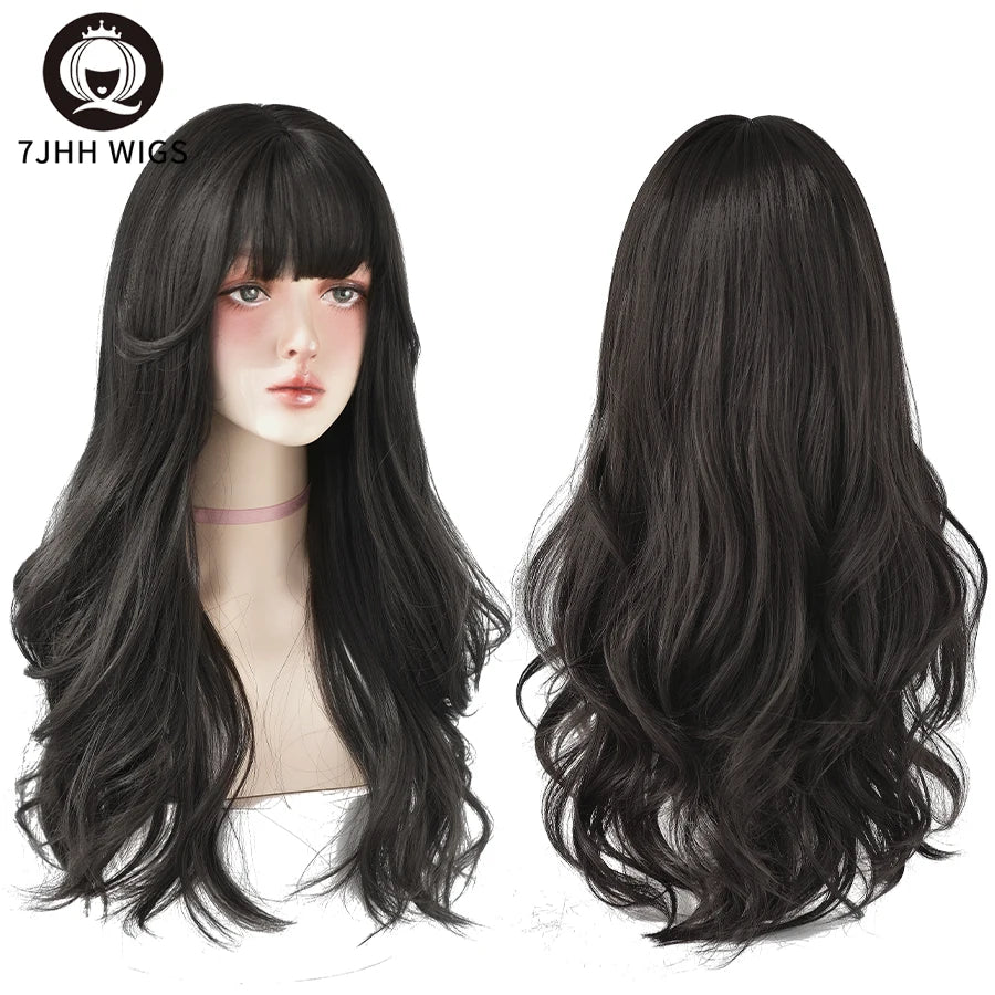 7JHH Brown Ash Long Deep Wave Lolita Wig for Women — Synthetic Hair with Bangs, Thick Curly Fashion Wig