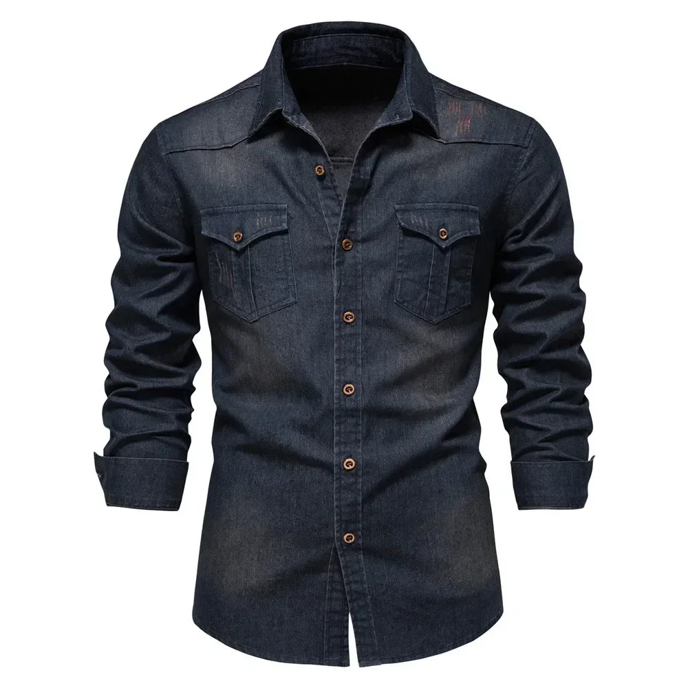 AIOPESON Men's Cotton Denim Shirt - Long Sleeve Slim Fit Casual Cowboy Style Shirt