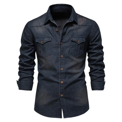 AIOPESON Men's Cotton Denim Shirt - Long Sleeve Slim Fit Casual Cowboy Style Shirt