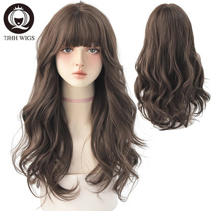 7JHH Brown Ash Long Deep Wave Lolita Wig for Women — Synthetic Hair with Bangs, Thick Curly Fashion Wig
