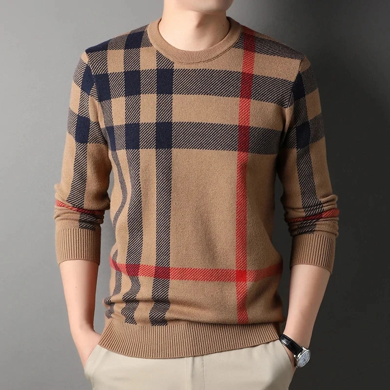 Luxury Men’s Knitted Wool Pullover – Autumn Winter O-Neck Striped British Casual Sweater