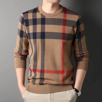 Luxury Men’s Knitted Wool Pullover – Autumn Winter O-Neck Striped British Casual Sweater