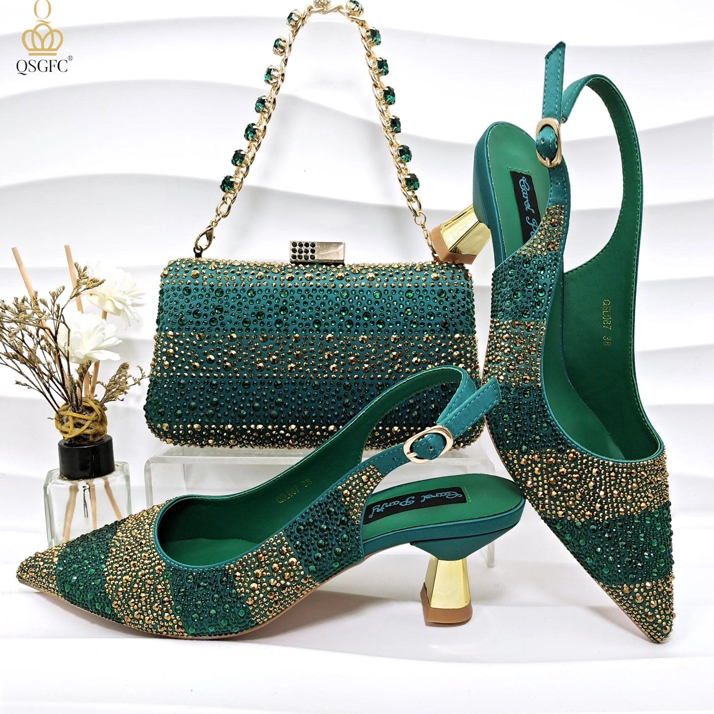Women’s Green Rhinestone Shoe & Bag Set - Italian Luxury Style Wedding & Party Accessories