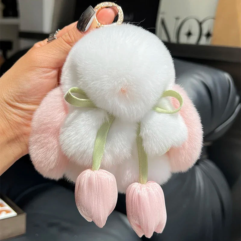 Cute Real Rex Rabbit Fur Keychain – Mini Bunny Pendant Bag Charm & Car Key Ring Plush Toy Gift for Women