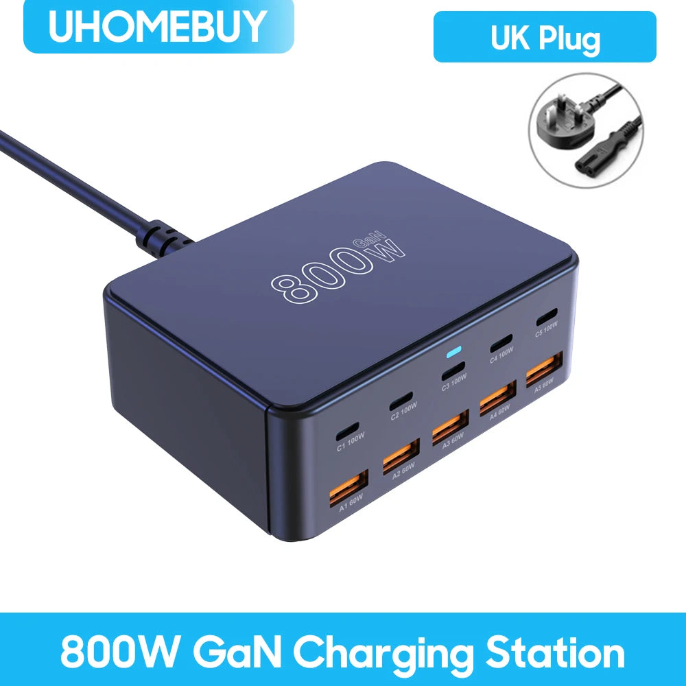 800W USB-C GaN Fast Charger - 100W PD3.0 PPS QC3.0 Multiport Charging Station for iPhone, Samsung & Laptops