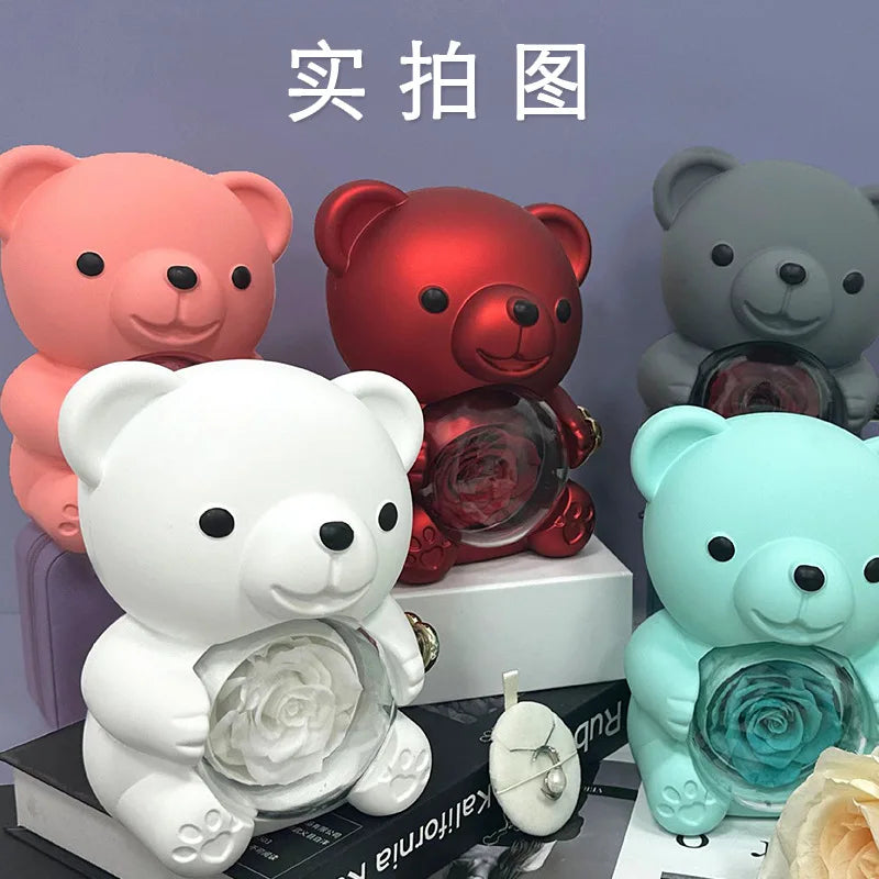 Eternal Rose Teddy Bear Gift Box with Necklace – Rotating Rose Jewelry Storage Case, Perfect for Valentine’s Day or Wedding Gifts for Women and Girlfriend