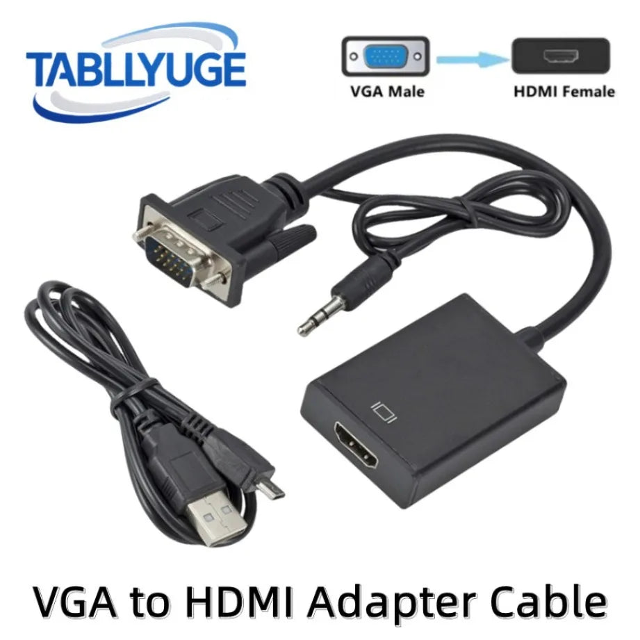 VGA to HDMI Converter Adapter - Audio Video Cable with 3.5mm Sound Support for Computer Laptop TV Projector Display