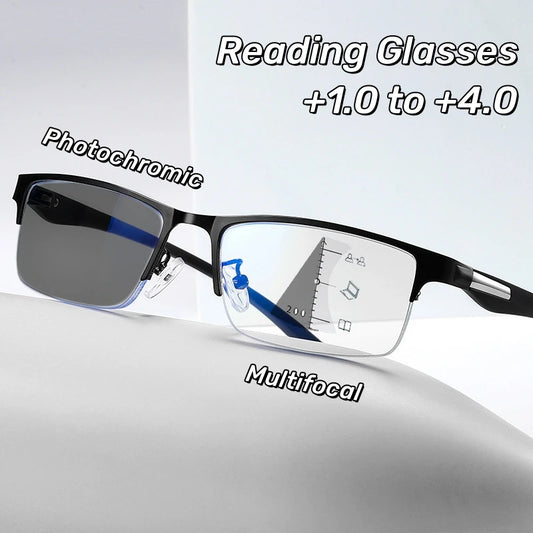 Progressive Multifocal Photochromic Reading Glasses – Anti-Blue Light Half Frame for Men with Presbyopia & Far Sight Protection