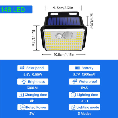 IP65 Waterproof 148 LED Solar Motion Sensor Outdoor Garden Light, Super Bright Wall-Mounted Security Lamp with 3 Lighting Modes