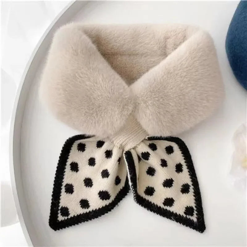 Women’s Winter Faux Fur Scarf - Warm Plush Rabbit Fur Collar Snood with Wool Stitching