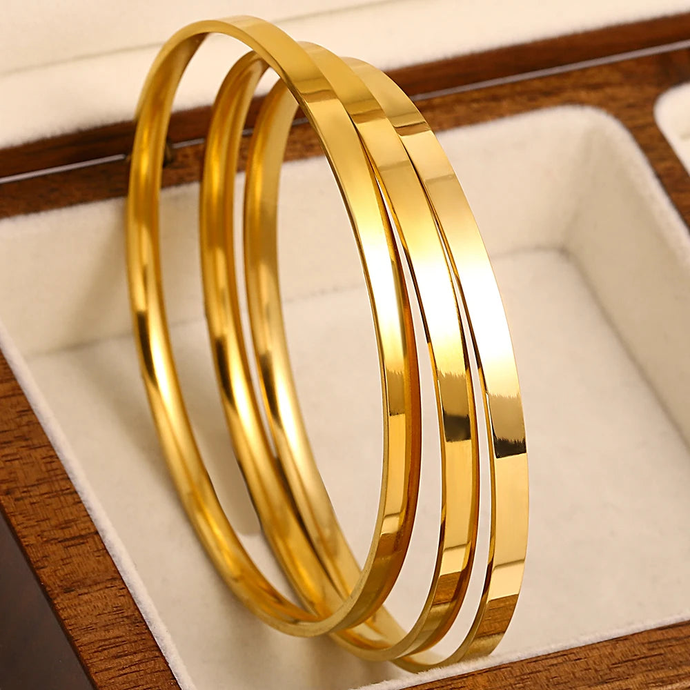 3-Piece 18K Gold-Plated Stainless Steel Bangle Set - Minimalist Glossy Waterproof Bracelets for Women