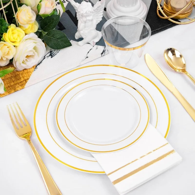 700PCS Gold Plastic Dinnerware Set – White & Gold Plates with 100 Napkins, Serves 100 Guests, Disposable Wedding Party Set