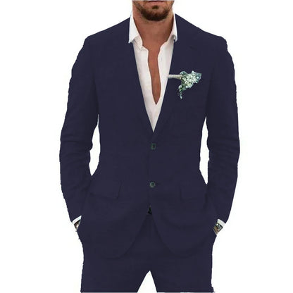 Men's Linen Suit Set - Slim Fit Notched Lapel 2 Piece Wedding & Beach Tuxedo Outfit For Summer Casual Formal Wear