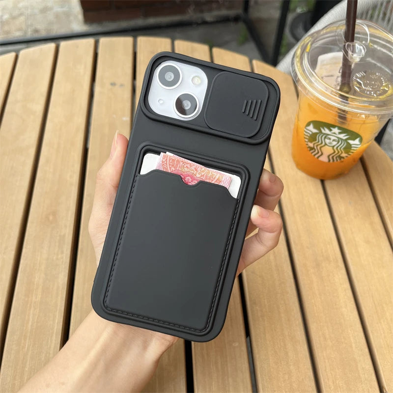 Slide Camera Protection Wallet Phone Case for iPhone – Soft Silicone Card Holder Cover for iPhone 16/15/14/13/12/11 Pro Max, XR, XS Max, 8 Plus Safety Case