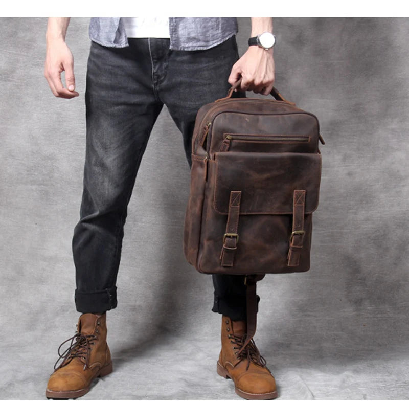 Vintage Crazy Horse Leather Backpack for Men — 17" Laptop Travel Rucksack Cowhide Hiking Bag M815