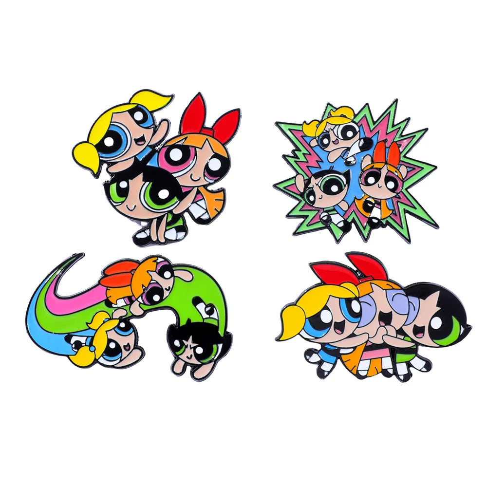 4-Piece Blossom and Bubbles Enamel Pin Set - Funny Cartoon Brooches for Backpacks, Clothing and Gifts