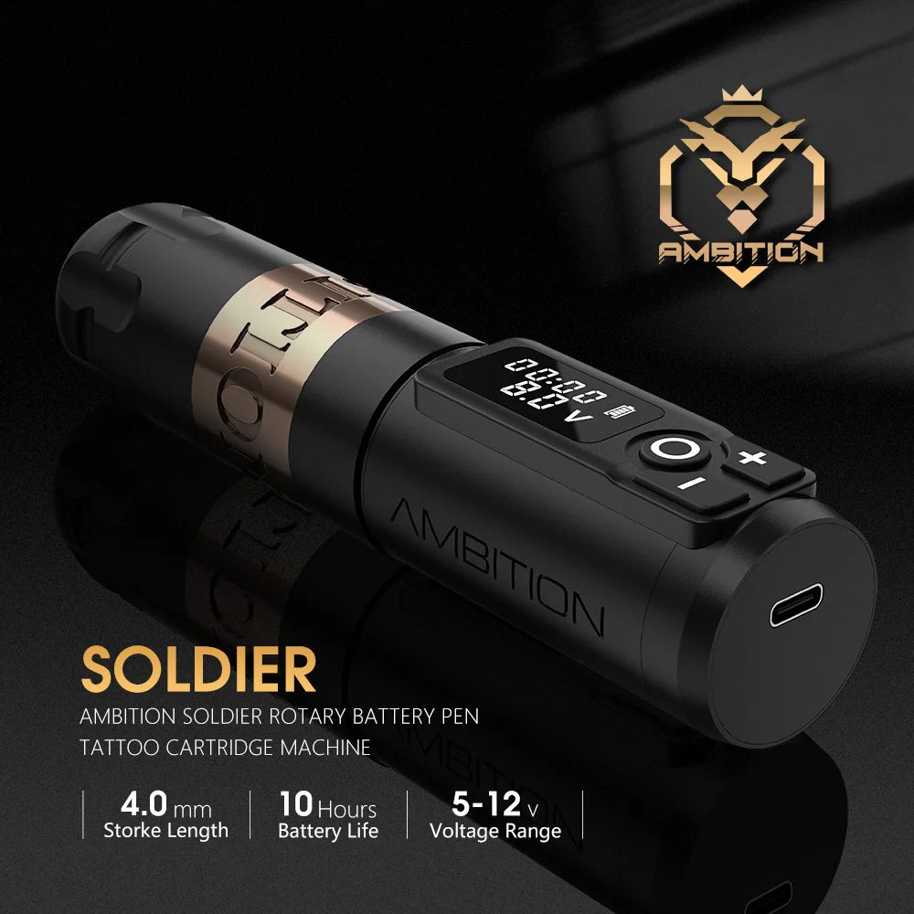 Ambition Soldier Wireless Tattoo Machine — Rotary Battery Pen with 2400mAh & LED Digital Display | Portable Power Pack for Body Art
